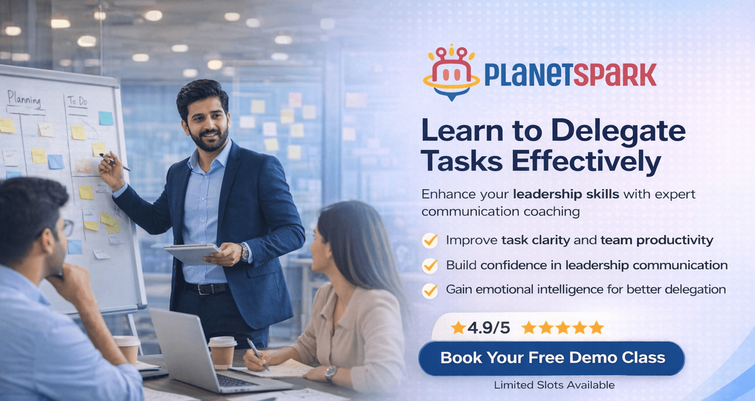  Urban Indian male professional using leadership communication and delegation skills with PlanetSpark coaching