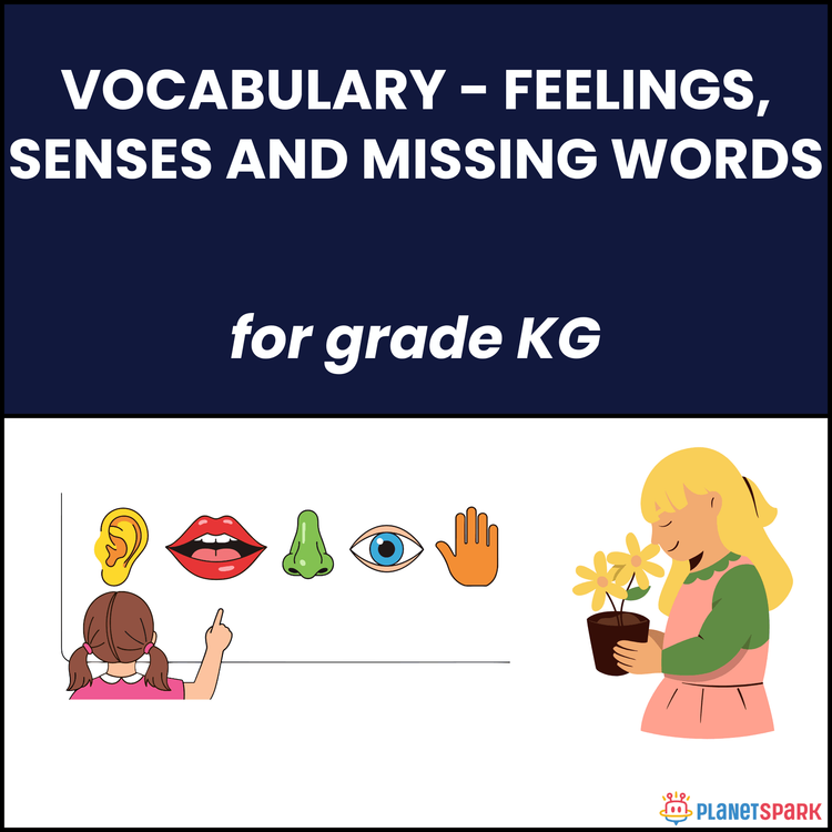 Class KG English Worksheet on Vocabulary Feelings Senses and Missing Words
