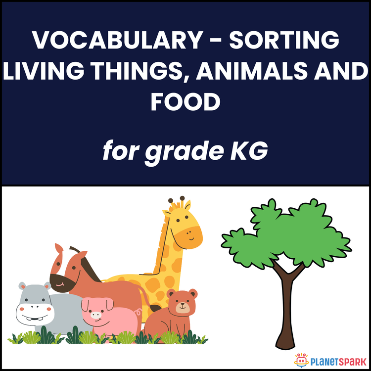 Grade KG English Worksheet on Vocabulary Sorting Living Things Animals and Food