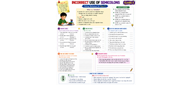 Semicolon Errors: Printable Editing Practice for Grade 5 [With Answers]