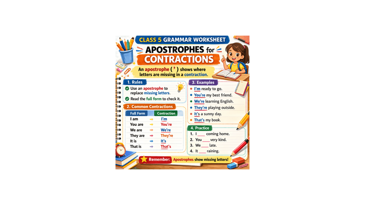 Class 5 Apostrophes for Contractions: Grammar Worksheet [Free PDF]