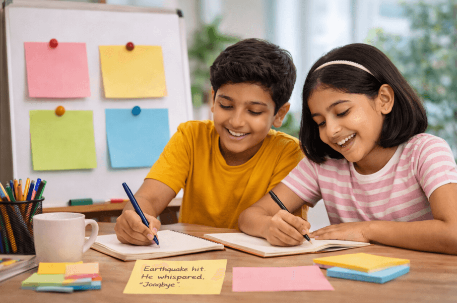 Children focused on learning six-word story together