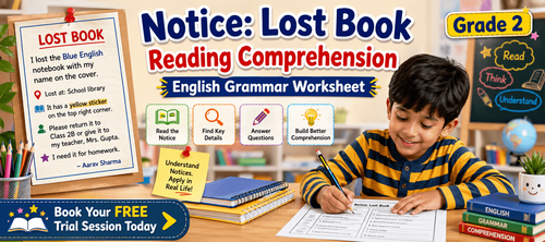 Class 2 English Grammar Worksheet: Lost Book Notice Exercises