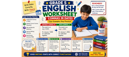 Grade 5 Grammar Worksheet Commas in Dates – Clear Examples