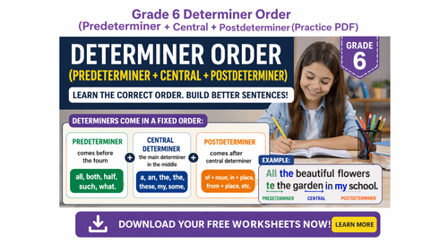 Grade 6 Determiner Order (Predeterminer + Central + Postdeterminer) Worksheet: Practice Exercises [Free PDF]