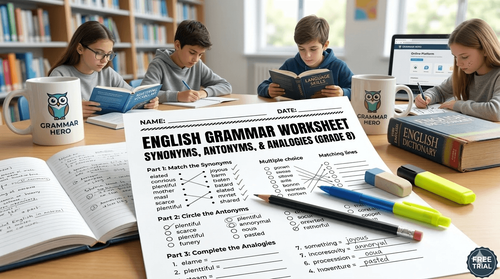 Printable Grade 8 English Worksheet: Synonyms, Antonyms & Analogies