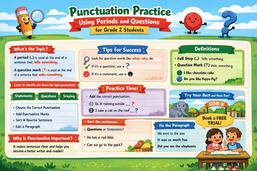 Punctuation Practice Using Periods and Questions for Grade 2