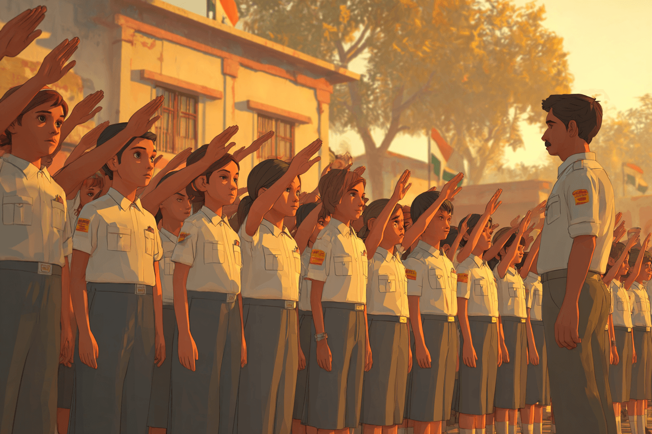 school students taking pledge in morning school assembly