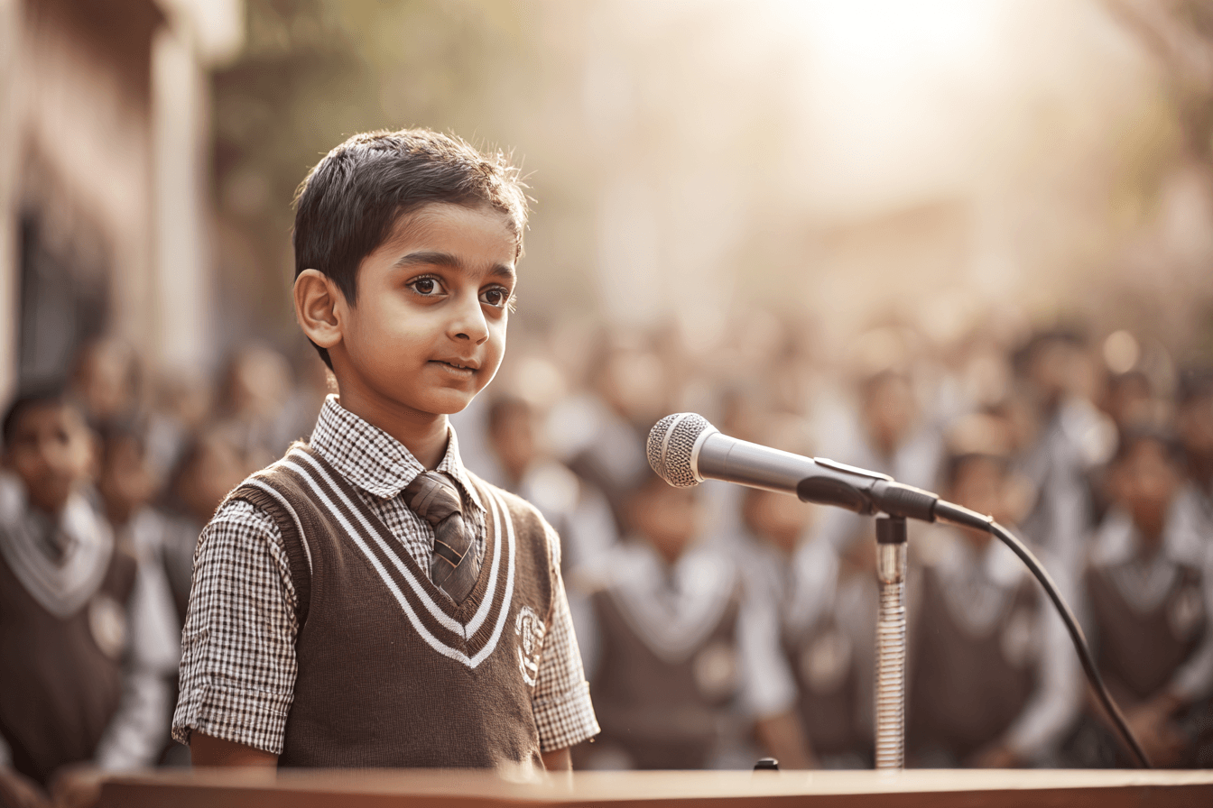 boy giving speech in school assembly